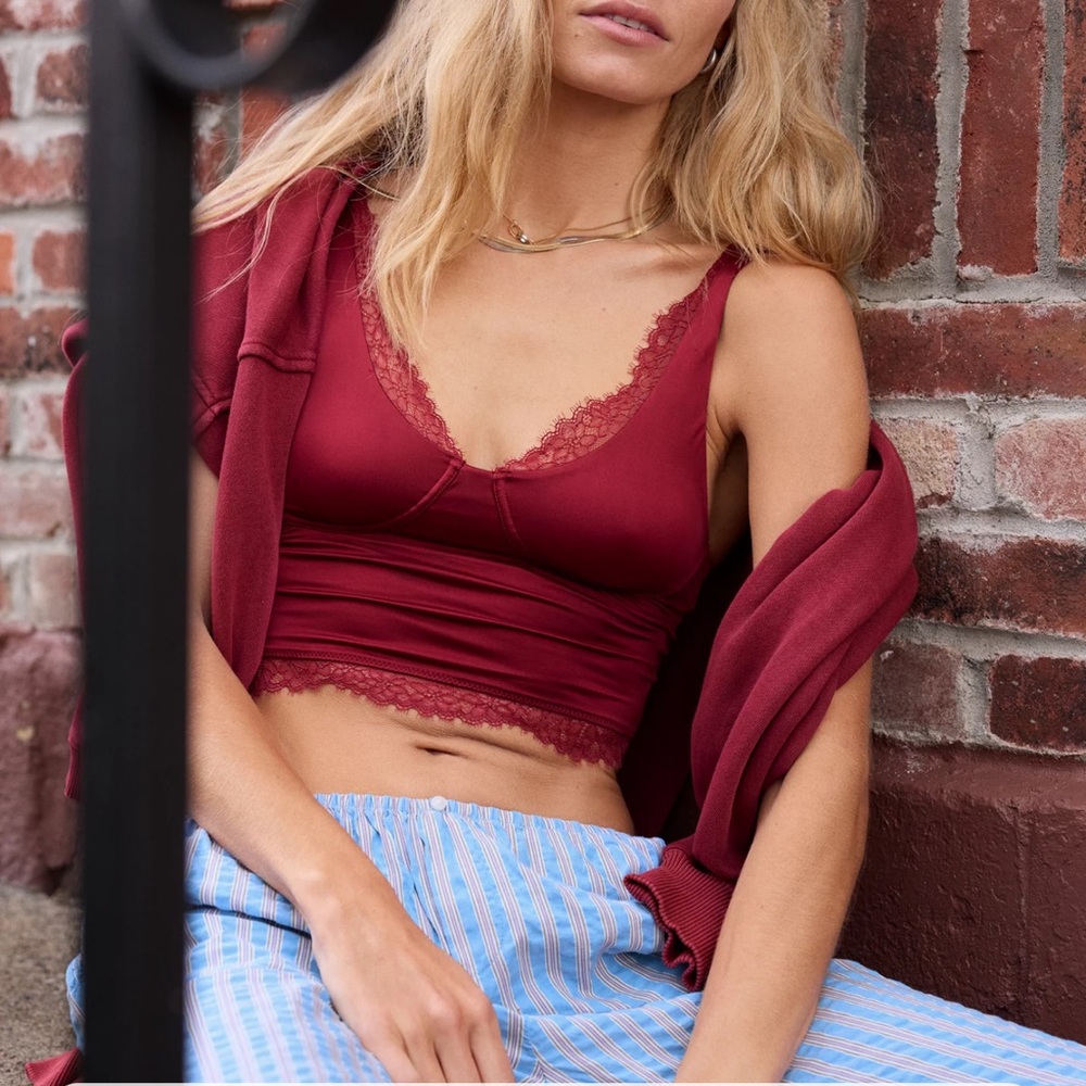 Nwt $60 Aerie Show Off Shine Lace Corset Bra Top Cami & Thong Red Cherry Tart L - Picture 14 of 14